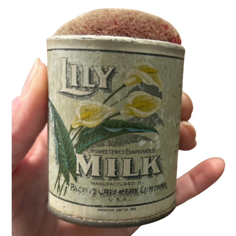 Vintage Lily Evaporated Milk Advertising Tin Pin Cushion Red Velvet Top
